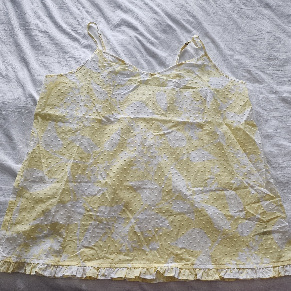 Yellow Floral Swiss-Dot Spaghetti Strap Cami with Ruffle Hem